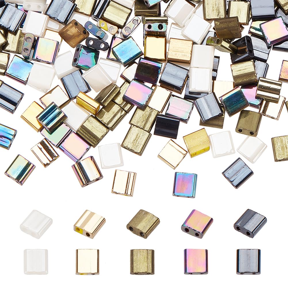 SUNNYCLUE 1 Box 500Pcs 5 Style 5 * 5mm Glass Tila Beads Glass Seed Beads Japanese Square Tile Bead Double Hole Connector Beaded for Jewelry Making DIY Craft Beading Wedding Decor Handmade Gifts