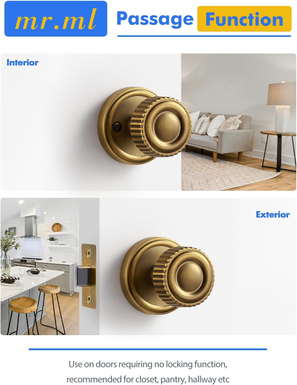 Antqiue Brass Passage Door knob, Interior Hall Closet Vintage Door Knob, Laundry Room Kitchen Pantry Antique Door Handle, Aluminium Alloy Knob, 1 Pack