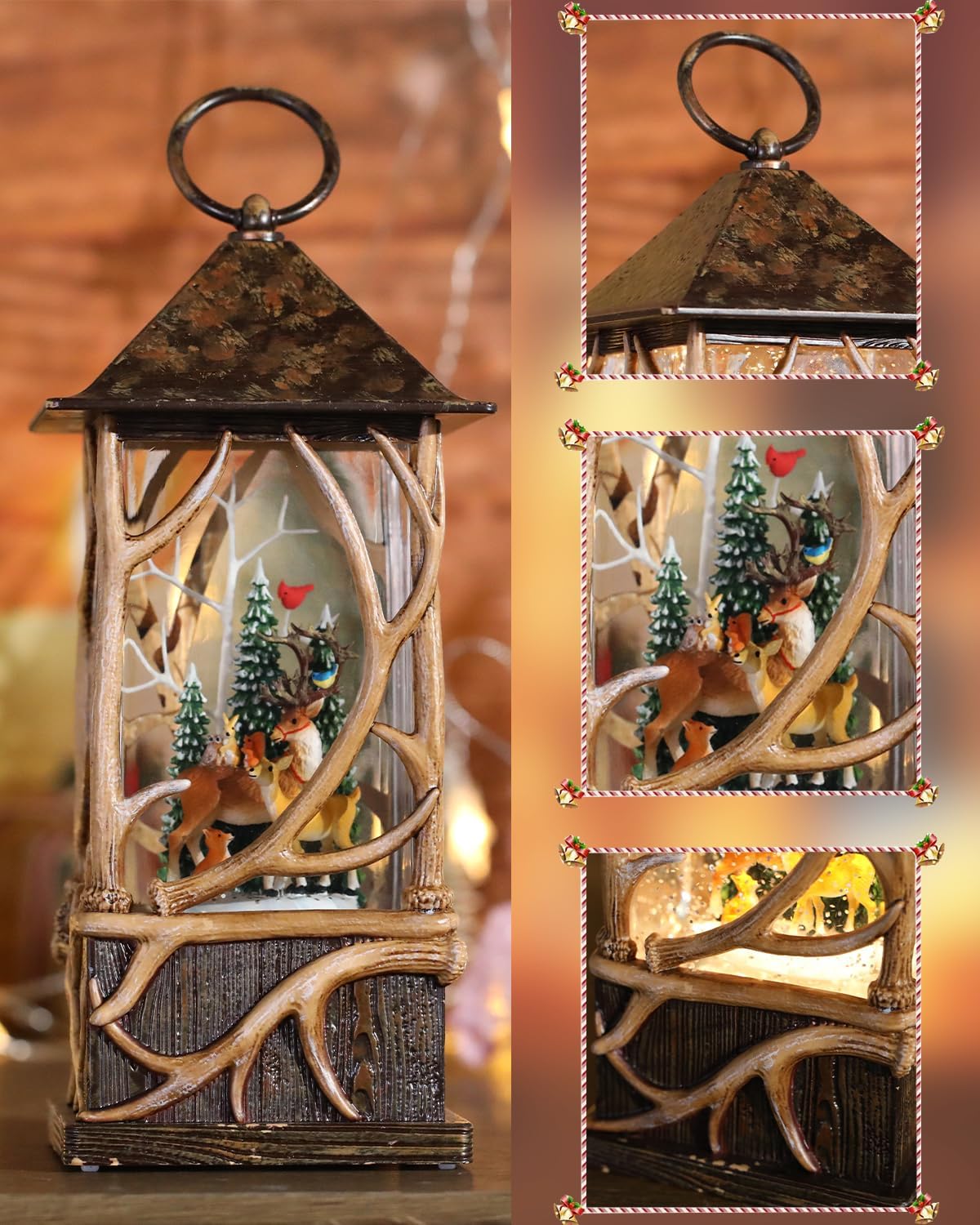 Winter Forest Reindeer Cardinals Snow Globe Lantern | Christmas Decorations, Musical and Luminous,USB or Battery Operated