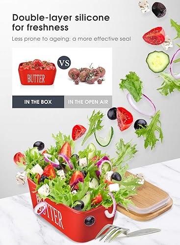 Miniatura 5 de Contenedor de mantequilla de cerámica grande con cuchillo, sostiene hasta 2 utensilios, con tapa de bambú y acero inoxidable de doble capa de