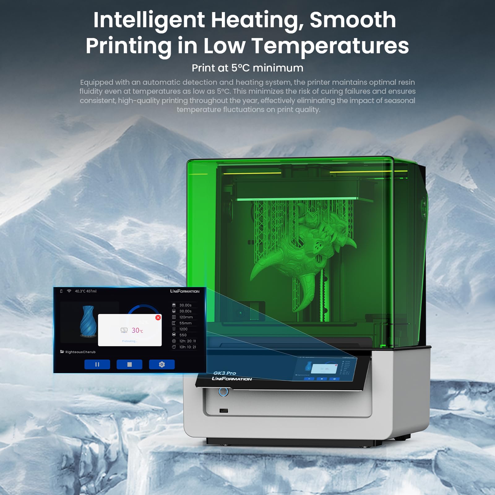 UniFormation GK3 Pro Harz 3D-Drucker 16K mit hoher Durchlässigkeit und 385 COB-Lichtquelle Smart Auto-Detected Heating System & Auto Feeding System 211 x 118 x H240mm Build Volume