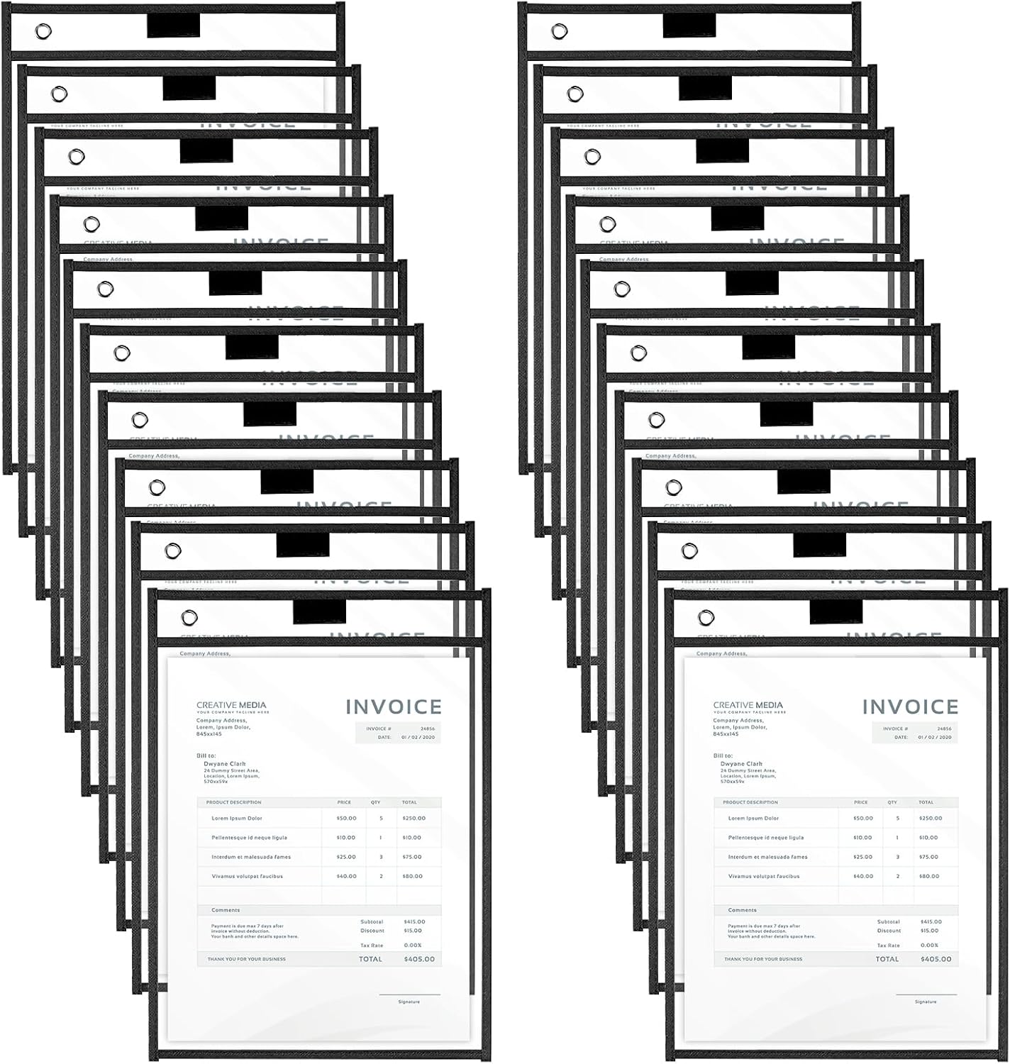 50 Pack Dry Erase Pockets, 10 x 14 in Shop Plastic Job Ticket Holders Clear Order Ticket Sleeve Hanging Job Tickets Folders Plastic Sleet Protectors Pocket for Teacher Office Work, Black