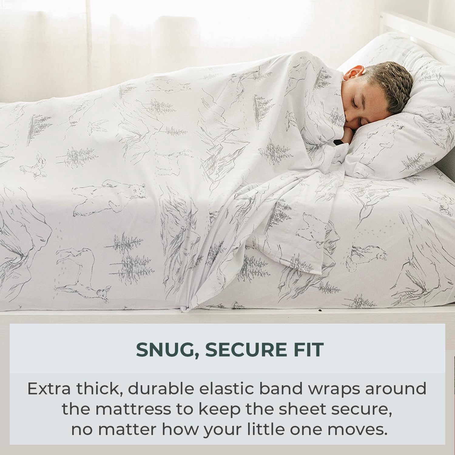 Pobibaby Premium Twin Full Sheets Sets, Kids Double Bed Sheets in Cotton Blend | Ultra-Soft Woodland Camping Print with Fitted Sheet, Flat Sheet & Pillowcases (Twin Explore Monochrome) - Image 4