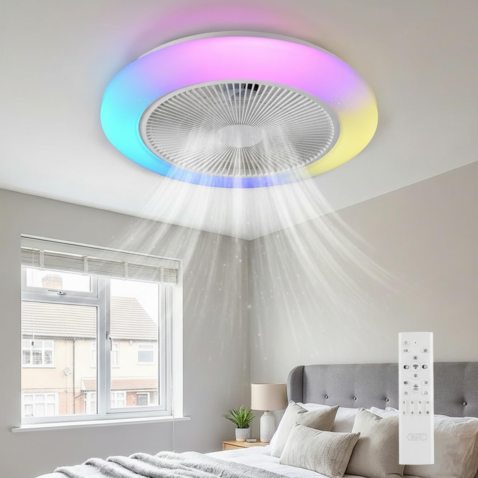 LEONTYNE Ventilador de techo inteligente RGB de 50 cm con iluminación, aplicación y mando a distancia, 7 RGB + 3 CCT regulable, motor DC silencioso, temporizador de memoria reversible, plano para