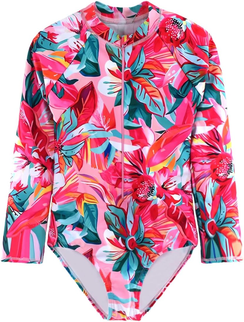 Girls Swimsuits One Pieces Long Sleeve Swimwear UPF50+ Toddler Kids Zipper Sun Protection Bathing Suits Sizes 2-12
