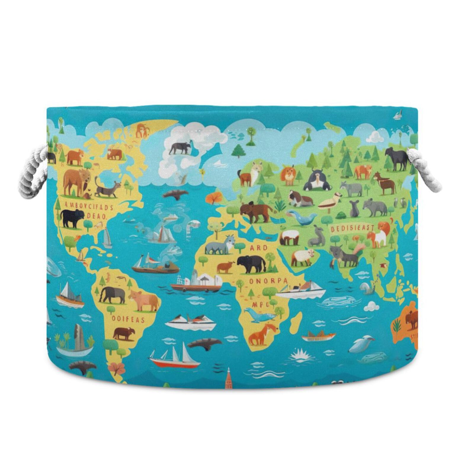 Round Animals World Map Landscapes Storage Basket Large Organizer Bin Laundry Hamper Toy Storage Basket with Handle for Nursery Clothes Toys 202b3976