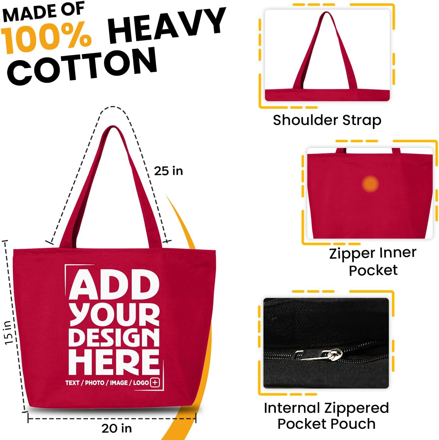Personalized Design Your Own Heavy Canvas Tote, Zipper Shopping Bag image 3
