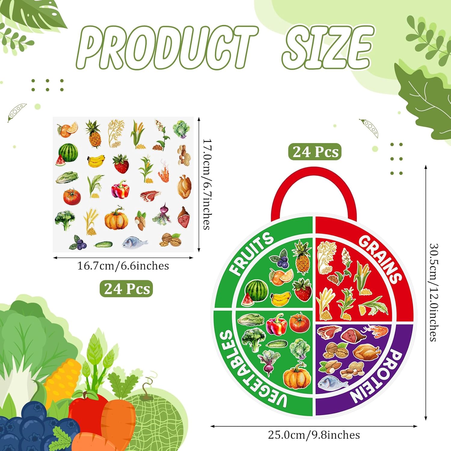 Cinrobiye 24 Set My Plate Food Stickers Preschool Vegetables Fruit Protein Grains Food Diary Early Learning Play Kit My Plate Food Chart Stories Games for Home School Classroom Supplies