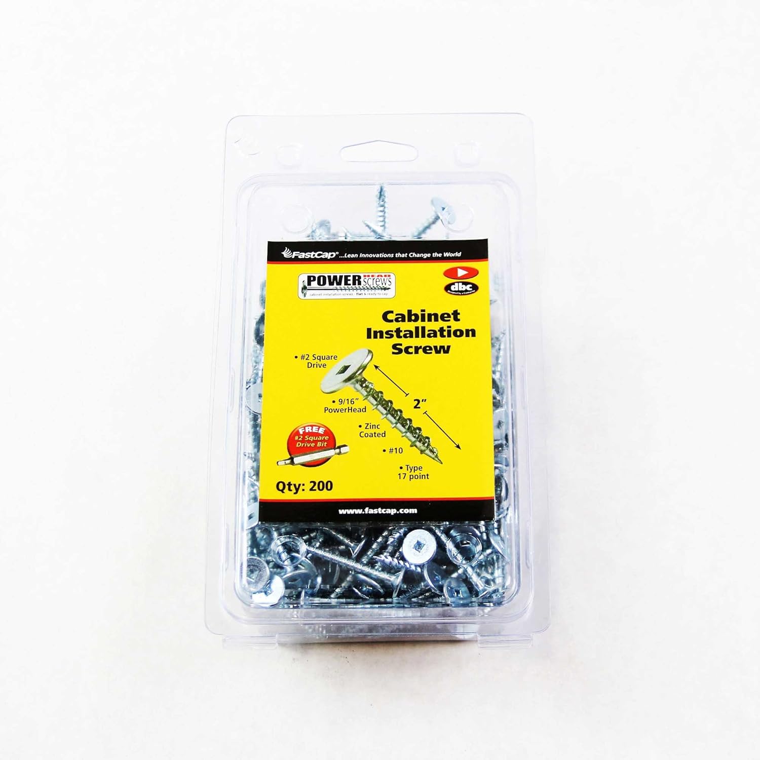 FastCap PowerHead Screws - 2-Inch Self-Tapping Oversized Flat Head Wood Screw with #2 Square Drive - Zinc Finish - 200-Pack - 02277