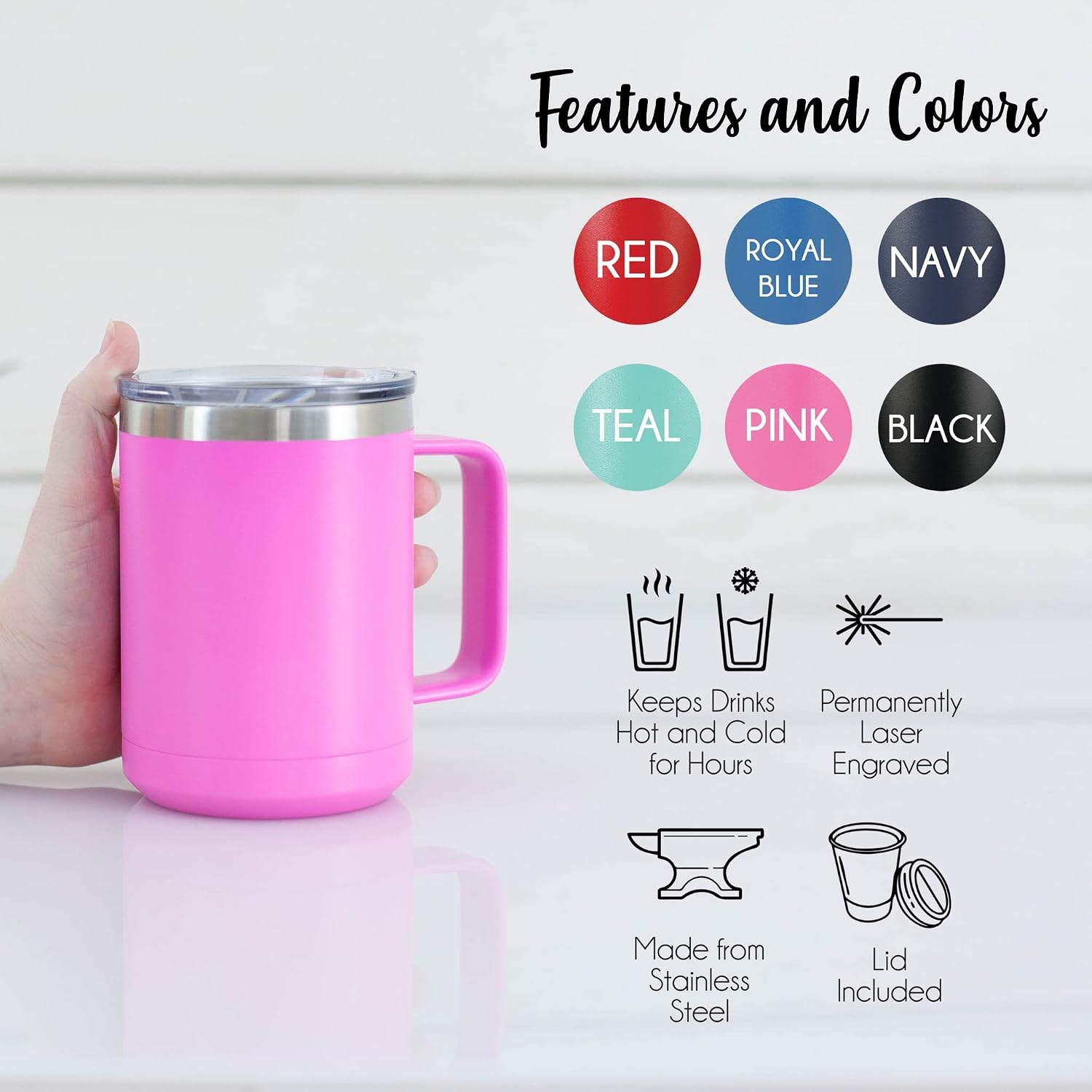 Personalized Coffee Mug | Custom Stainless Steel Vacuum Insulated Mugs | Closing Lid Included | Engraved Christmas Gift | Gift for Her | Gift for Him (15oz, Pink)