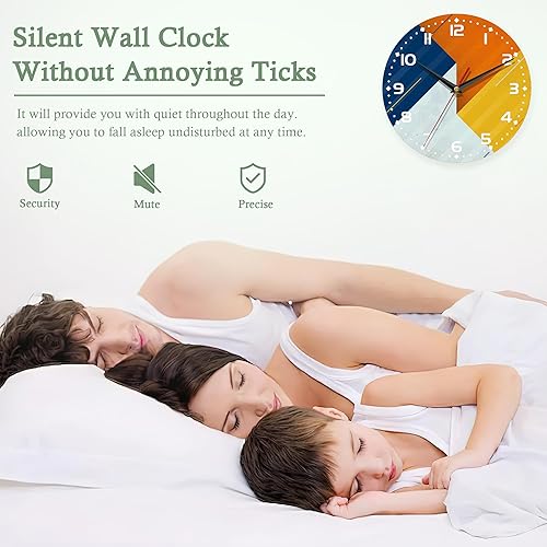 Miniatura 5 de Reloj de pared naranja, reloj de pared geométrico azul de madera, reloj de pared silencioso sin tictac, funciona con pilas, redondo, números