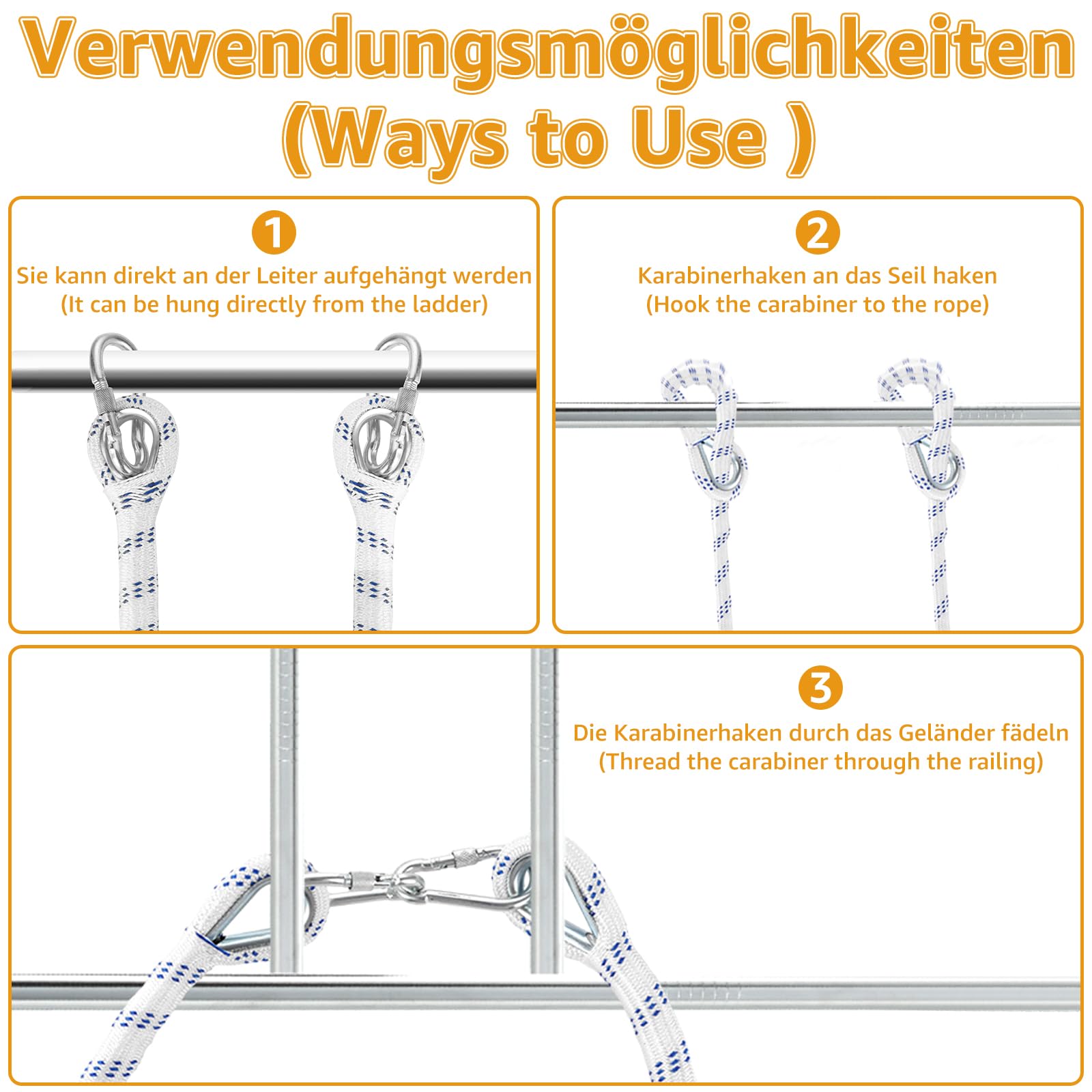 Escalera portátil de cuerda, 5 m, escalera de seguridad para adultos, con mosquetones, capacidad de carga de hasta 300 kg, escalera de rescate para exteriores, balcón, ventana, barandilla