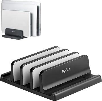 Ryvlan Vertical Laptop Stand, 3 Slot Adjustable Laptop Storage Rack and Desk Organizer, Silicone-Padded Holder for Multiple Devices Storage, Compatible Stand for Tablets and Devices up to 17 Inches