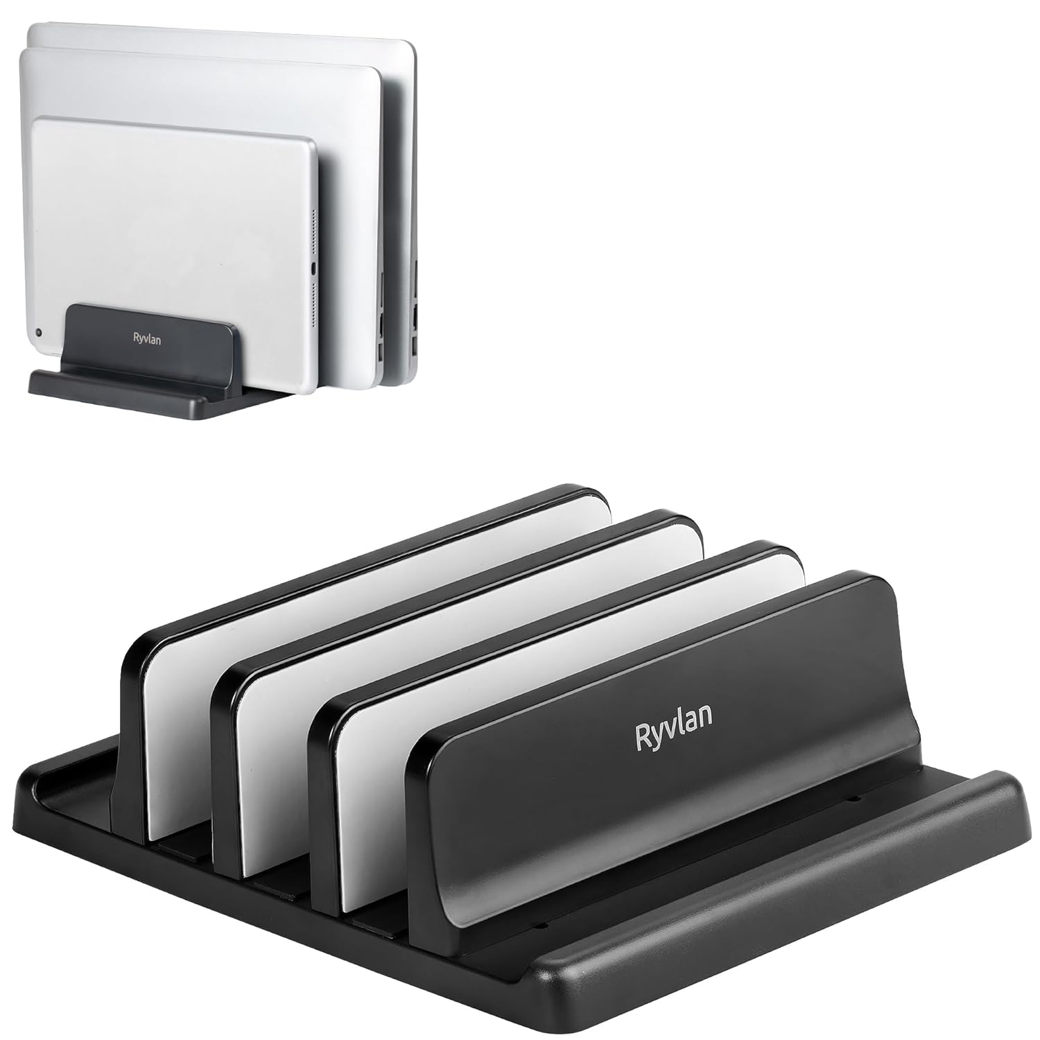 Ryvlan Vertical Laptop Stand 3 Slot Adjustable Laptop Storage Rack and Desk Organizer Silicone-Padded Holder for Multiple Devices