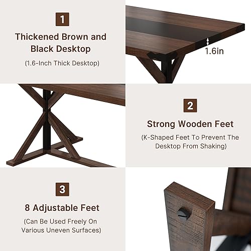 Miniatura 6 de Mesa de comedor de 71 pulgadas para 6 personas, mesa rectangular de cocina de granja con grosor impermeable, mesas de comedor largas con base de