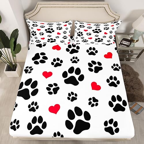 Miniatura 5 de Juego de ropa de cama de 2 piezas con 1 funda de almohada con estampado de huellas de perro, gato, pata de cachorro, juego de sábanas ajustables con