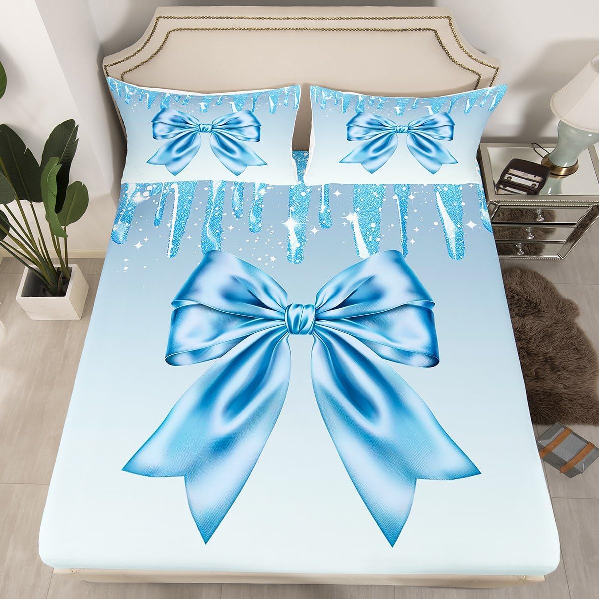 Bowknot Kids Fitted Sheet Twin Size,Glitter Starry Sky Girlish Beauty Bedding Set,Girls Boys Adults Room Decor,Bow Tie Romantic Fashion Bed Cover,Blue Grey Gradient Bed Sheet,1 Pillowcase