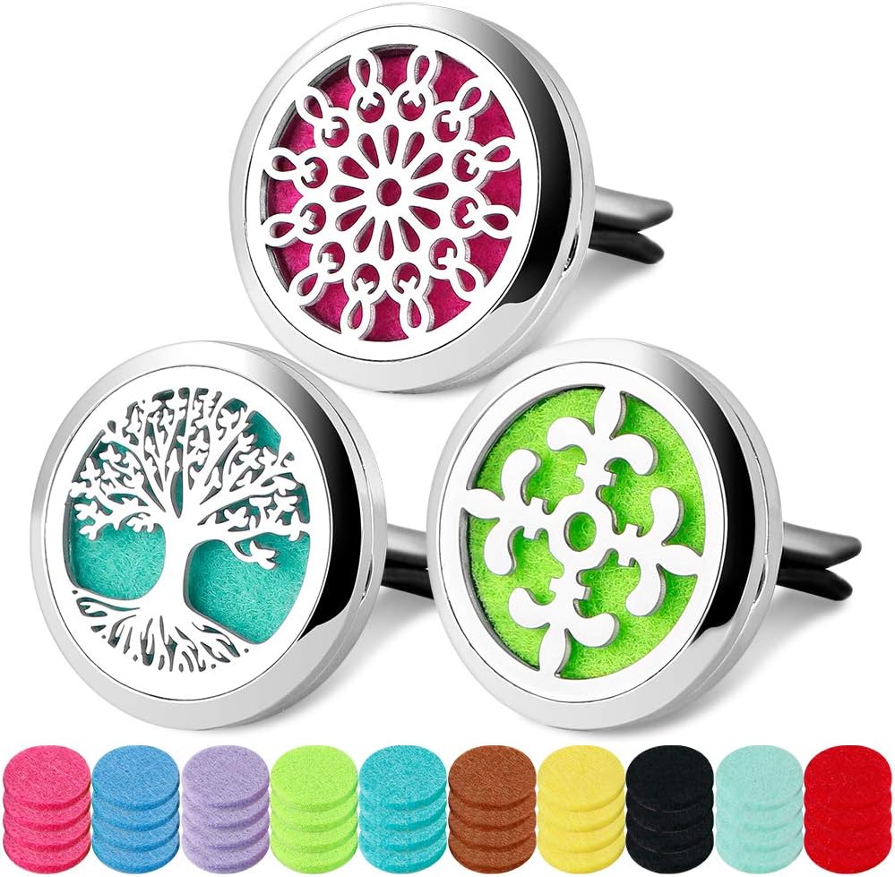 3 PCS Car Aromatherapy Essential Oil Diffuser Vent Clip, Stainless Steel Locket with 40 Felt Pads
