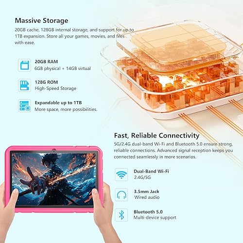 Miniatura 5 de NRKDUBQ Tableta Android 15 para niños de 10.1 pulgadas con funda protectora EVA de 20 GB de RAM, 128 GB de almacenamiento, tabletas para niños