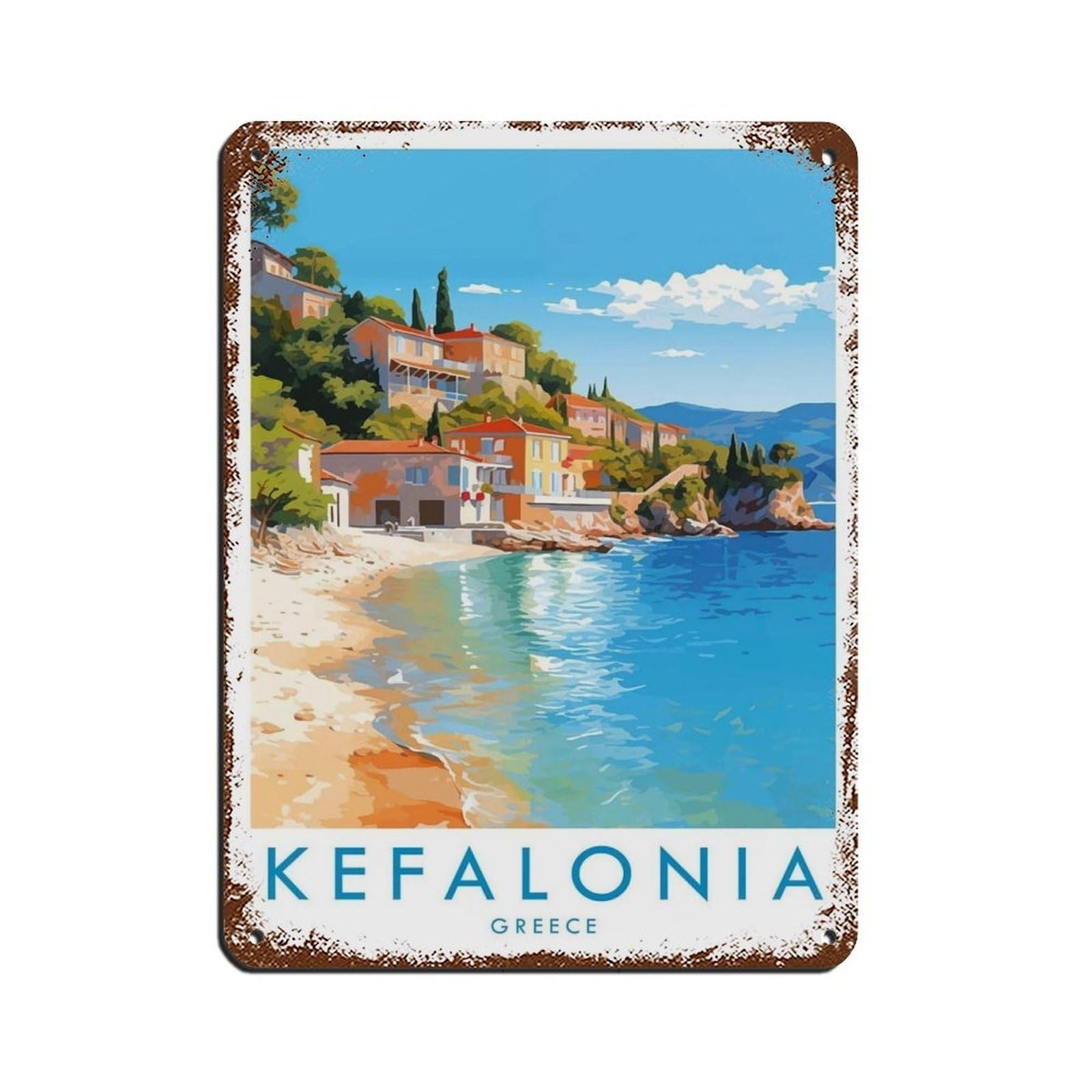 Kefalonia Travel Poster, Greece Retro Poster Metal Tin Sign Chic Art Retro Iron Painting Bar People Cave Cafe Family Garage Poster Wall Decoration 12x16inch(30x40cm)