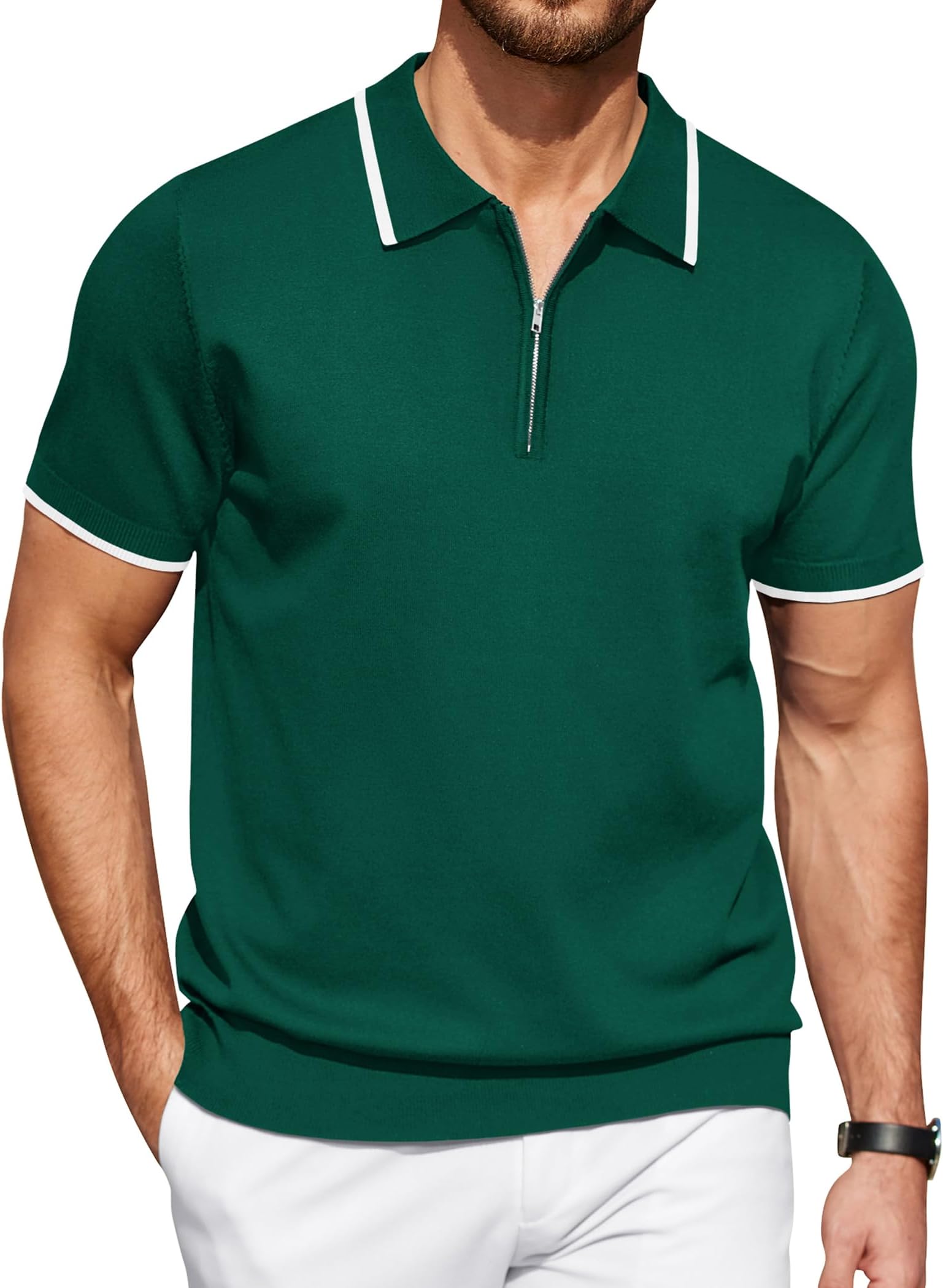 COOFANDY Men's Zipper Polo Shirt Casual Knit Short Sleeve Polo Golf T Shirt