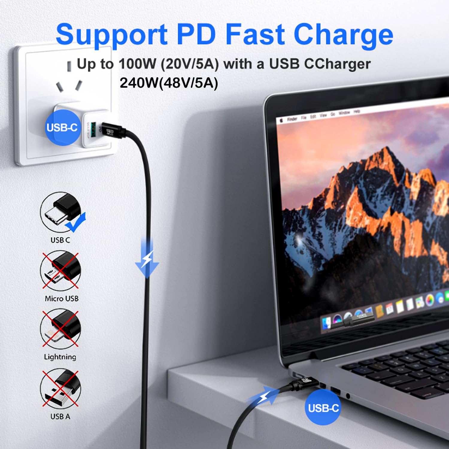 Cable USB C a USB C de 40 pies, 240 W (5 A) 4K60HZ USB3.2 GEN2x2, salida de video USBC de carga rápida y sincronización para monitor portátil Xreal MacBook Pro, iPad Pro, iPhone 15 Pro,