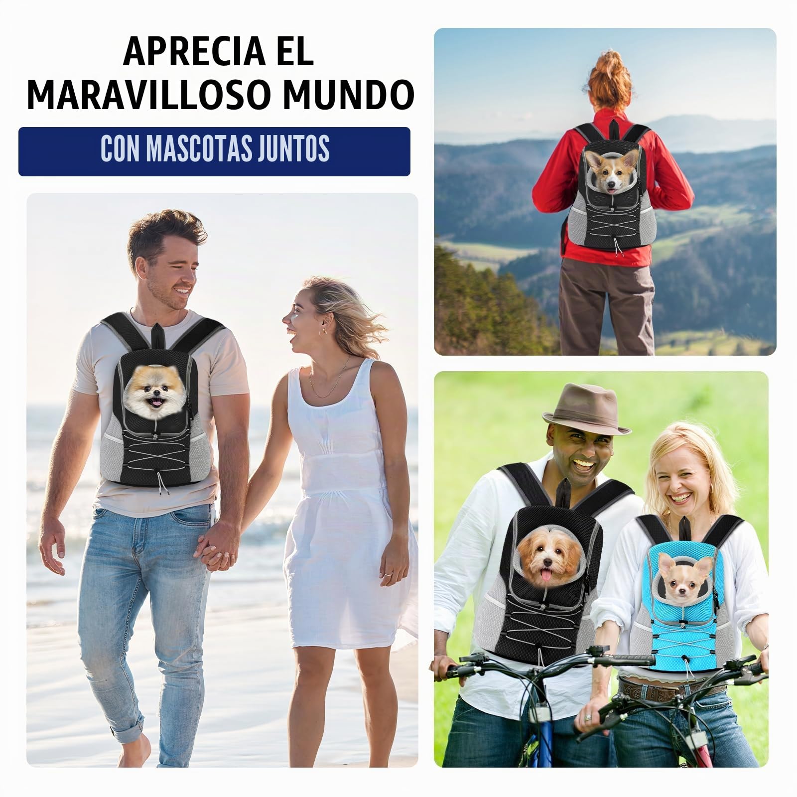 Pawaboo Mochila del Perros, Bolsa de Viaje para Mascotas con Abertura con Cordón Retráctil, Mochila Portadora de Mascotas Transpirable para Gatos Perros Pequeños Medianos, M, Negro