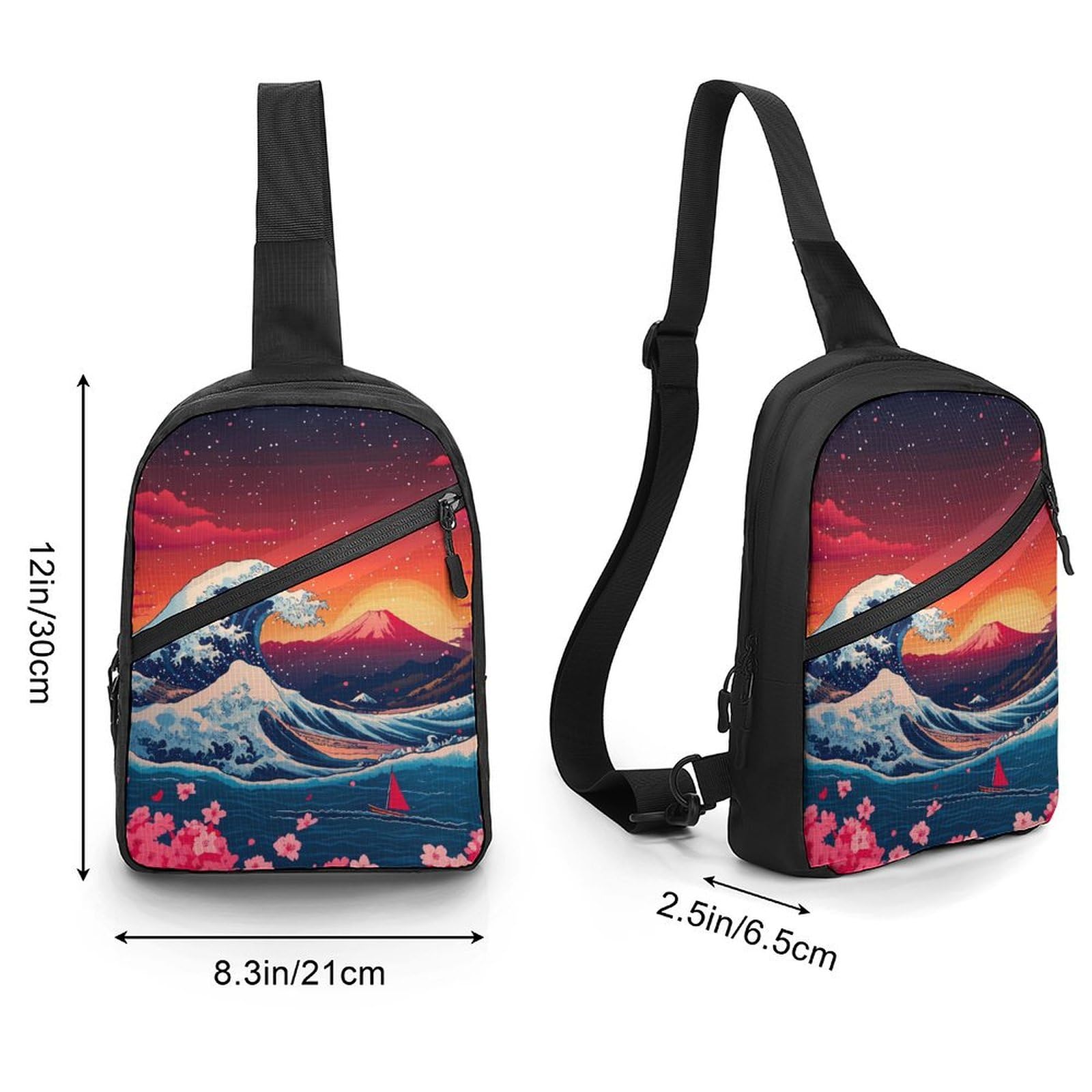 Japanese The Great Wave Fuji Mount Chest Bag Foldable Crossbody Unisex Pack Travel Hiking Adjustable Shoulder Straps Sling Bags