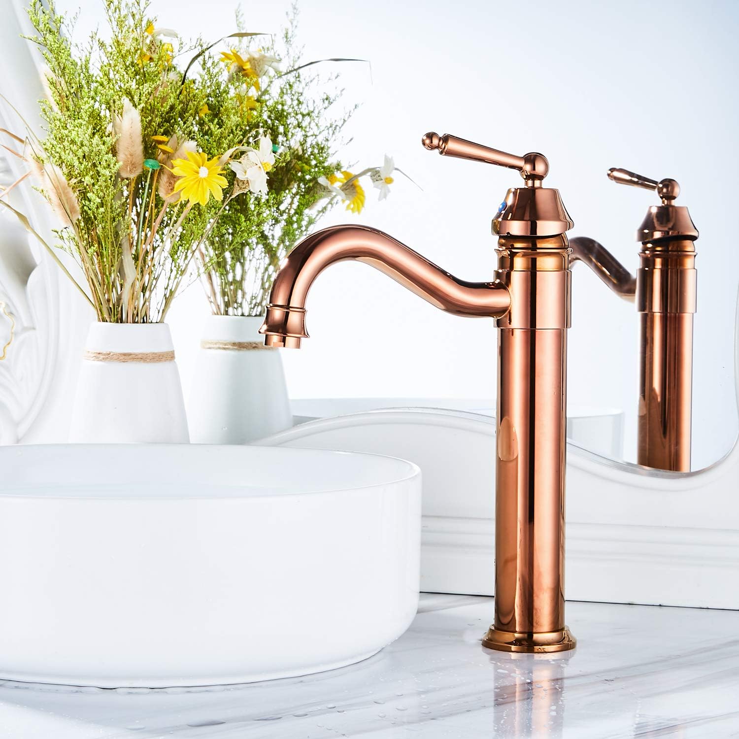 GGStudy Tall Body Single Handle One Hole Bathroom Vessel Sink Faucets Copper Finish with Pop Up Drian Without Overflow - Image 6