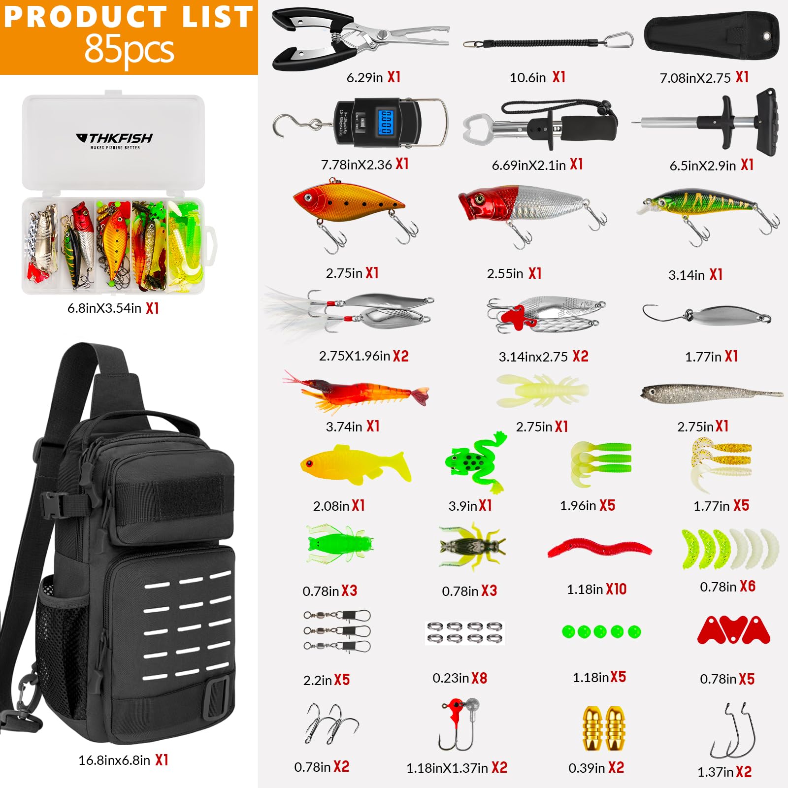 THKFISH Kit de herramientas de pesca de 85 piezas, mochila de pesca con cajas de aparejos incluidas, kit de aparejos de pesca que incluye kit de equipo de señuelo de cebo de pesca, alicates de pesca