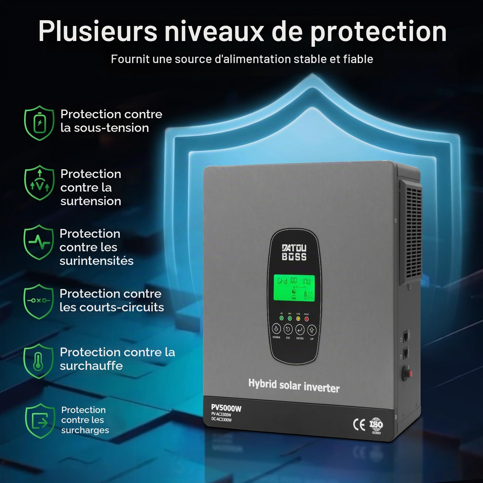 DATOUBOSS Onduleur Hybride Solaire 3300W à Onde Sinusoïdale Pure, Convertisseur 24V DC vers 230V AC avec Régulateur 120A MPPT, Protection BMS, pour Batteries Plomb-Acide & Lithium, Système Off-Grid