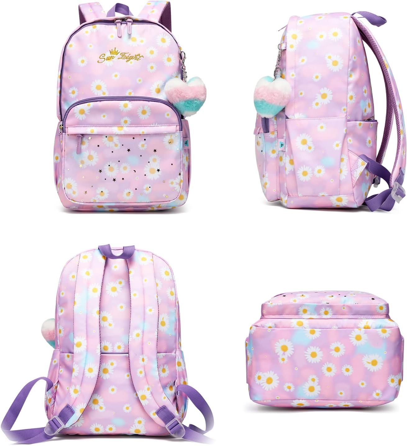 Caran·Y Waterproof Girls School Backpack for Kids 6-18 | Lightweight Durable Book Bag with Cute Love & Starry Sky Design Spacious Elementary Backpack+Charm Pendant(Purple Flowers) - Image 6