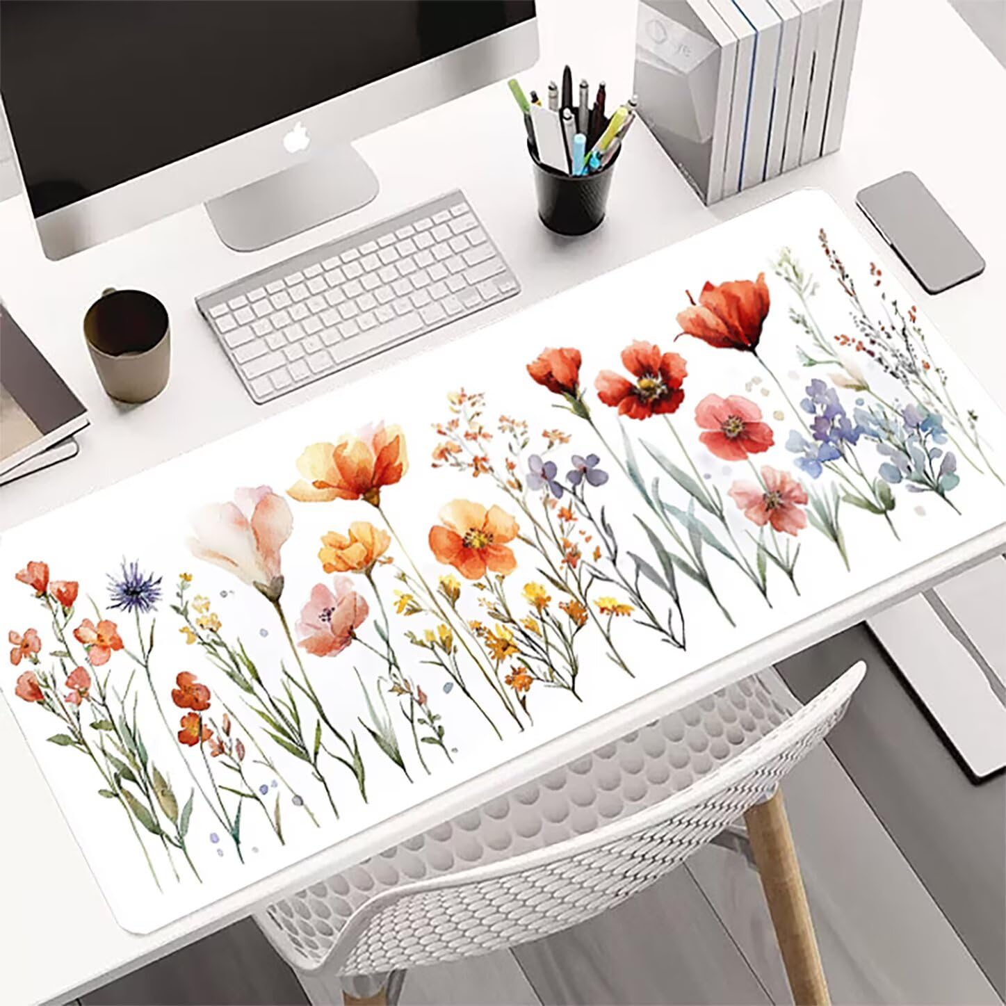 Lpfieonn Blume Großes Schreibtischunterlage, XXL Schreibtischunterlagen, Anlage XXL Wasserdicht Gaming Mousepad mit Vernähter Rand und Rutschfeste Gummibasis, für Laptop/Hause/Büro 120x60cm PF-2287