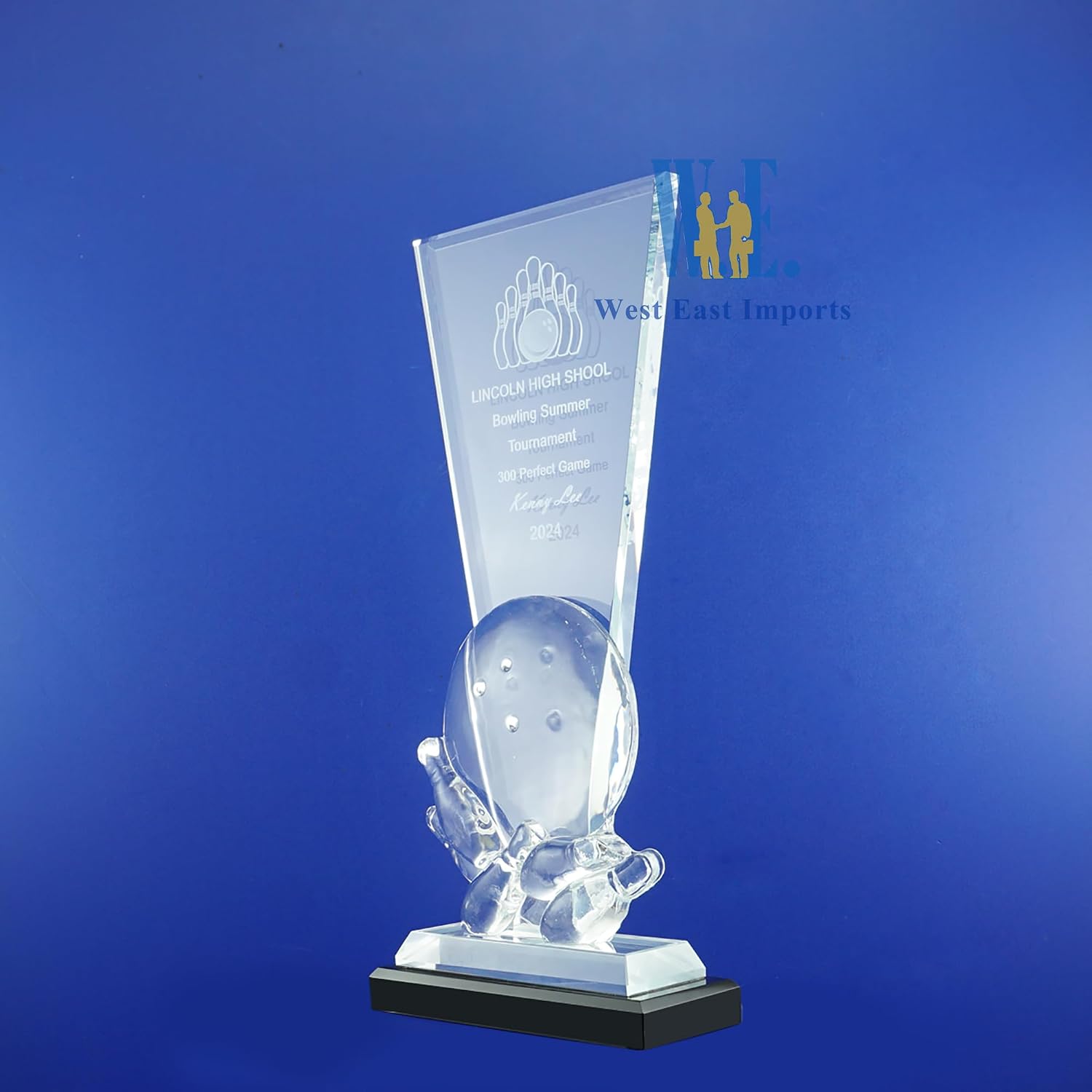 Premium Bowling Pin Crystal Trophy Champion Award Plaque 300 Score Perfect Game