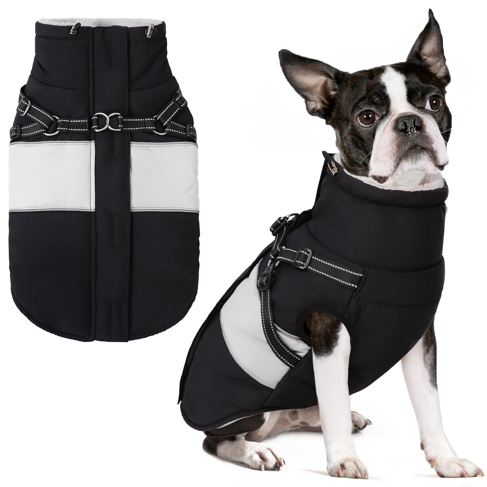 SUNFURA Small Dog Coat with Harness Built in, Warm Dog Jacket Winter with Zipper On Back, Waterproof Pet Snow Jacket Snowsuit Pet Sweater Clothes for Puppy, Black XS — image 1