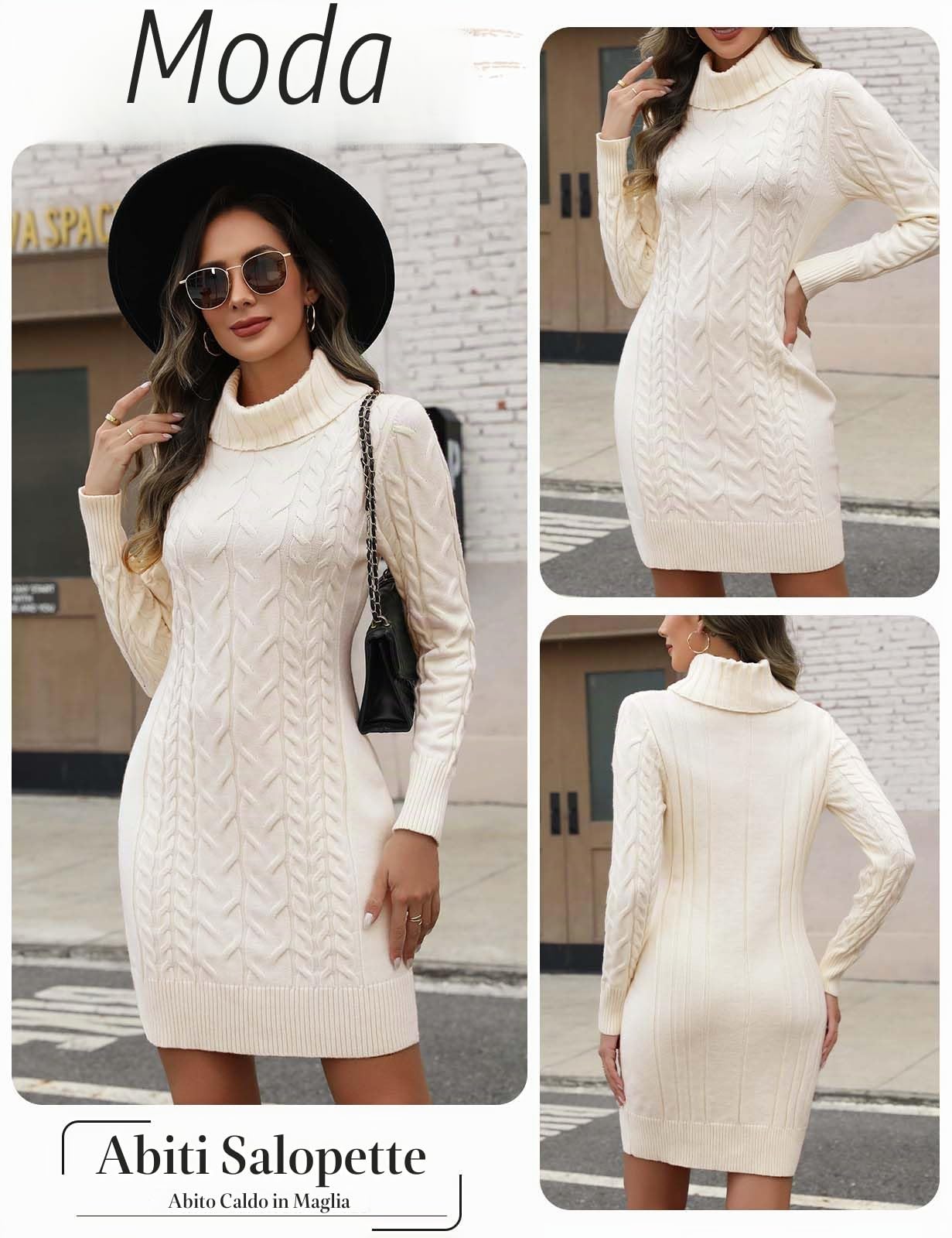 Vestito Maglione Donna Elegante Invernali Vestiti in Maglia Abito Slim Aderente a Maniche Lunghe Collo Alto Elasticizzato Tinta Unita Treccia Ritorta Autunno e Inverno