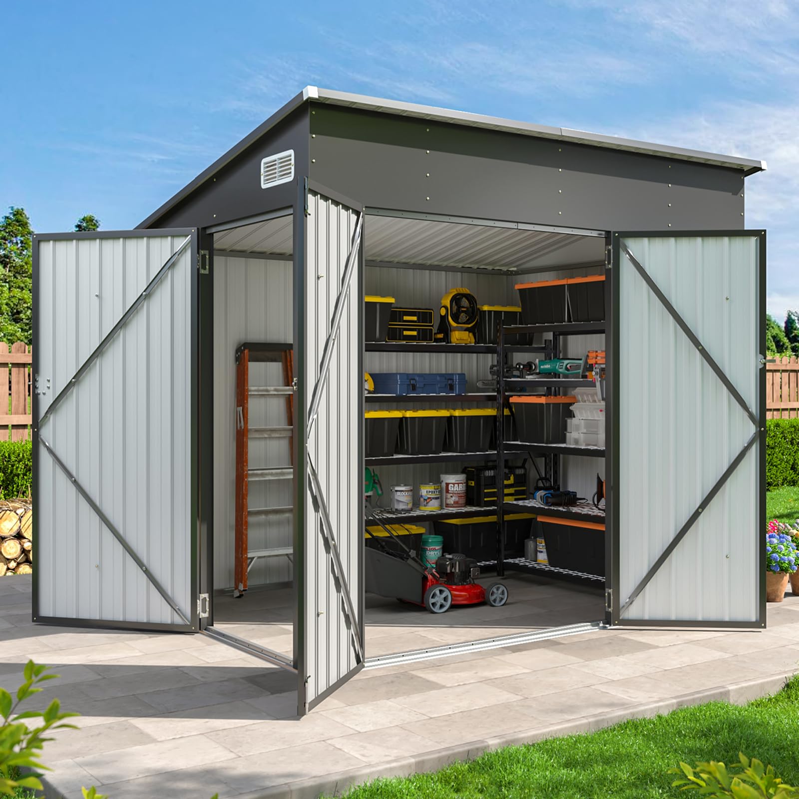 Sponsored Ad - 7.5'x4' Triple Door Shed Outdoor Storage Shed with Three Lockable Door for Easily Accessing Metal Storage Cabinet with Slopping Roof for Tools Bicycles Storage for Garden, Backyards (Black)