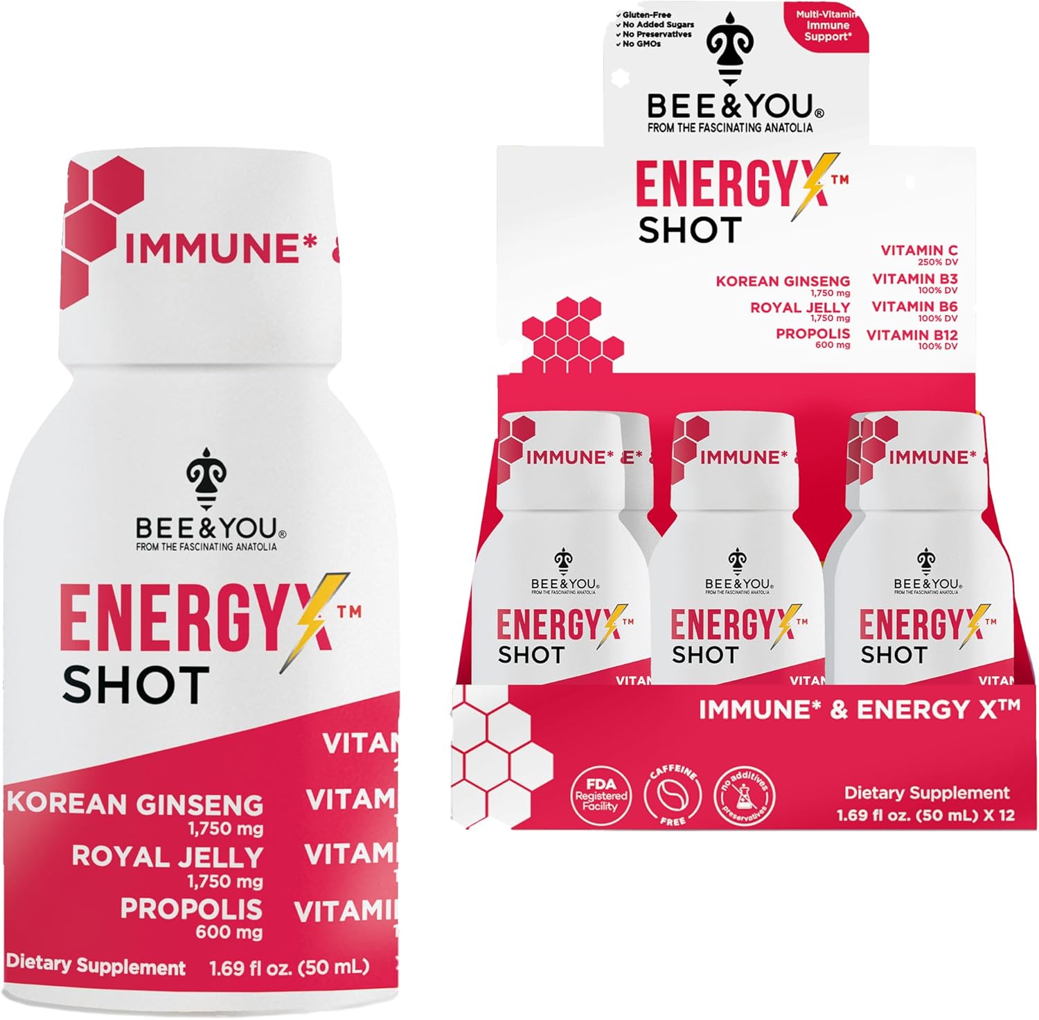 BEE and You Energy X Shot, 12 Pack, Korean Red Ginseng, Royal Jelly, Propolis, Caffeine Free Energy Drink, Vitamin C, B3, B6, B12, Immune Support Supplement, Antioxidants, Pomegranate Flavor