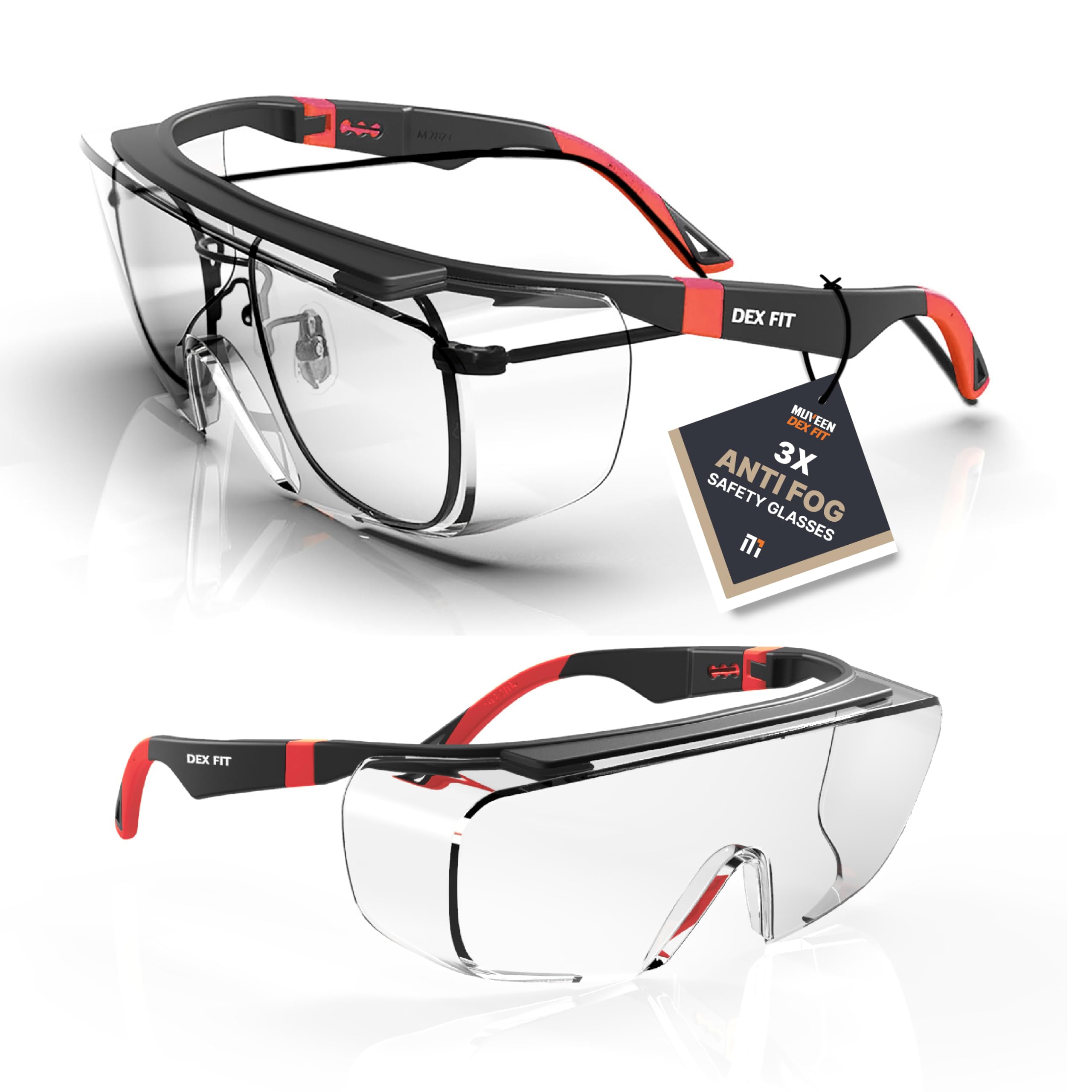 DEX FIT Safety Over Glasses SG210 OTG; Fit Over Your Eyewear, Z87 Eye Protection, 3X Fog & Scratch Resistant (N Red)
