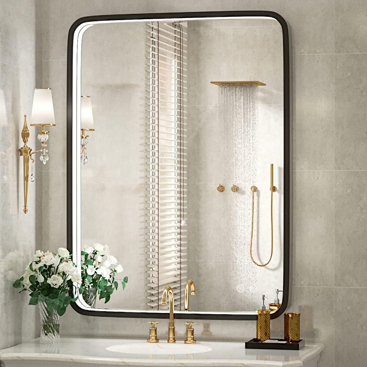 36x28 Inch LED Bathroom Mirror with Lights, Black Metal Frame 3-Color Wall Mounted Lighted Vanity Mirrors for Wall,Anti-Fog 3000K/4500K/6000K Dimmable Led Mirror,ETL Listed LED Driver