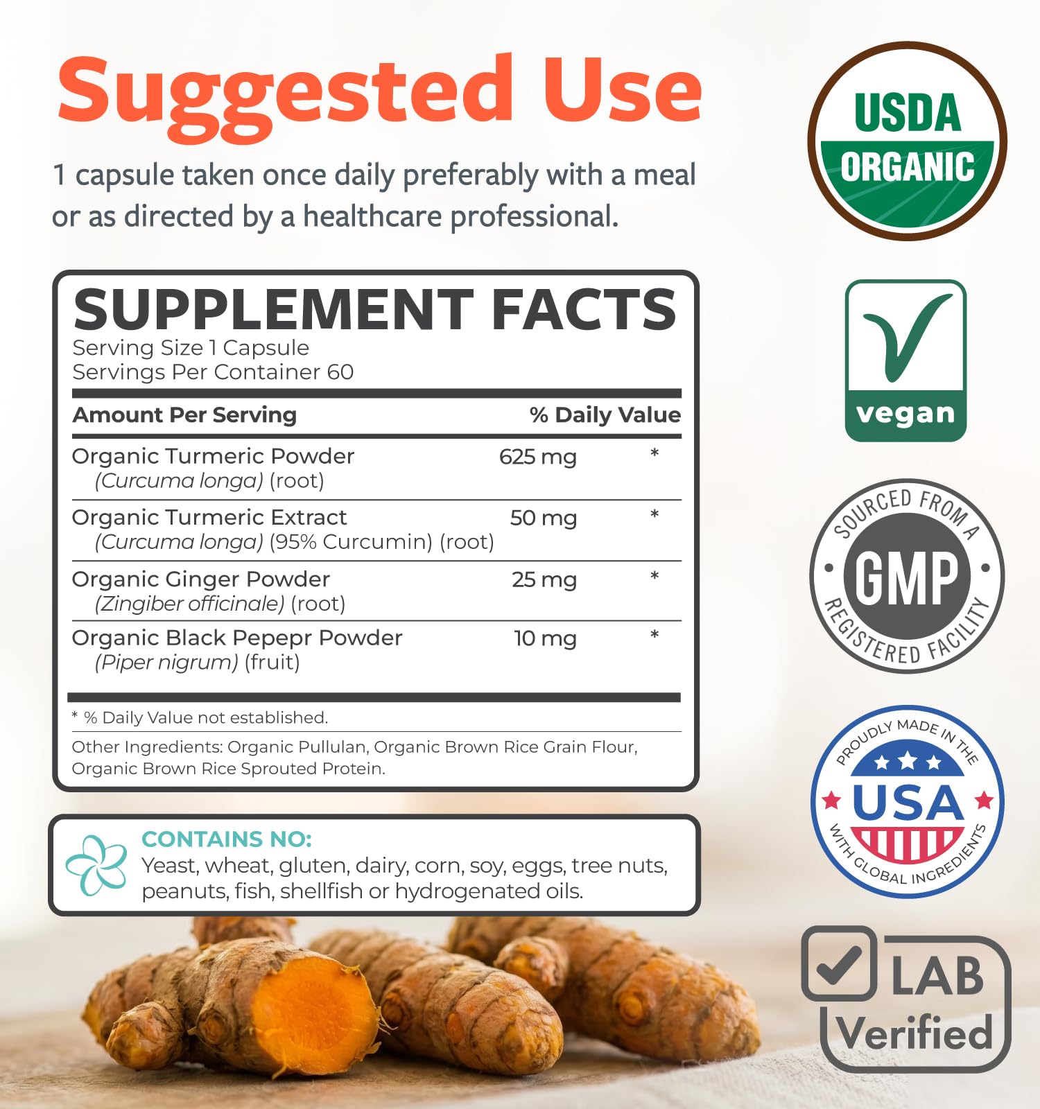 Organic Turmeric Ginger Black Pepper Supplement - High Potency Organic Turmeric Curcumin Capsules with Ginger & Black Pepper for Enhanced Benefits and Absorption - Vegan & Non-GMO (2 Month Supply) — Amazon image 6