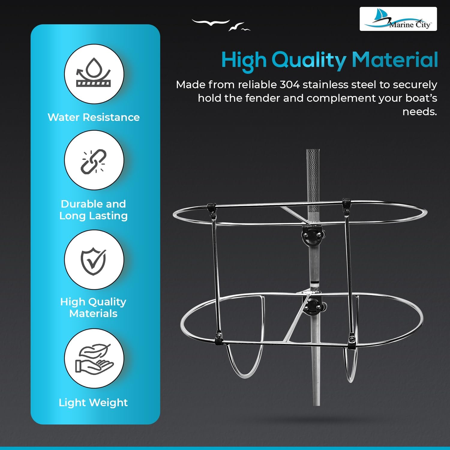 MARINE CITY 304 Stainless Steel Fender Folding Rack with Stanchion Clamps for Marines, Boats, Ships, Yachts (11")