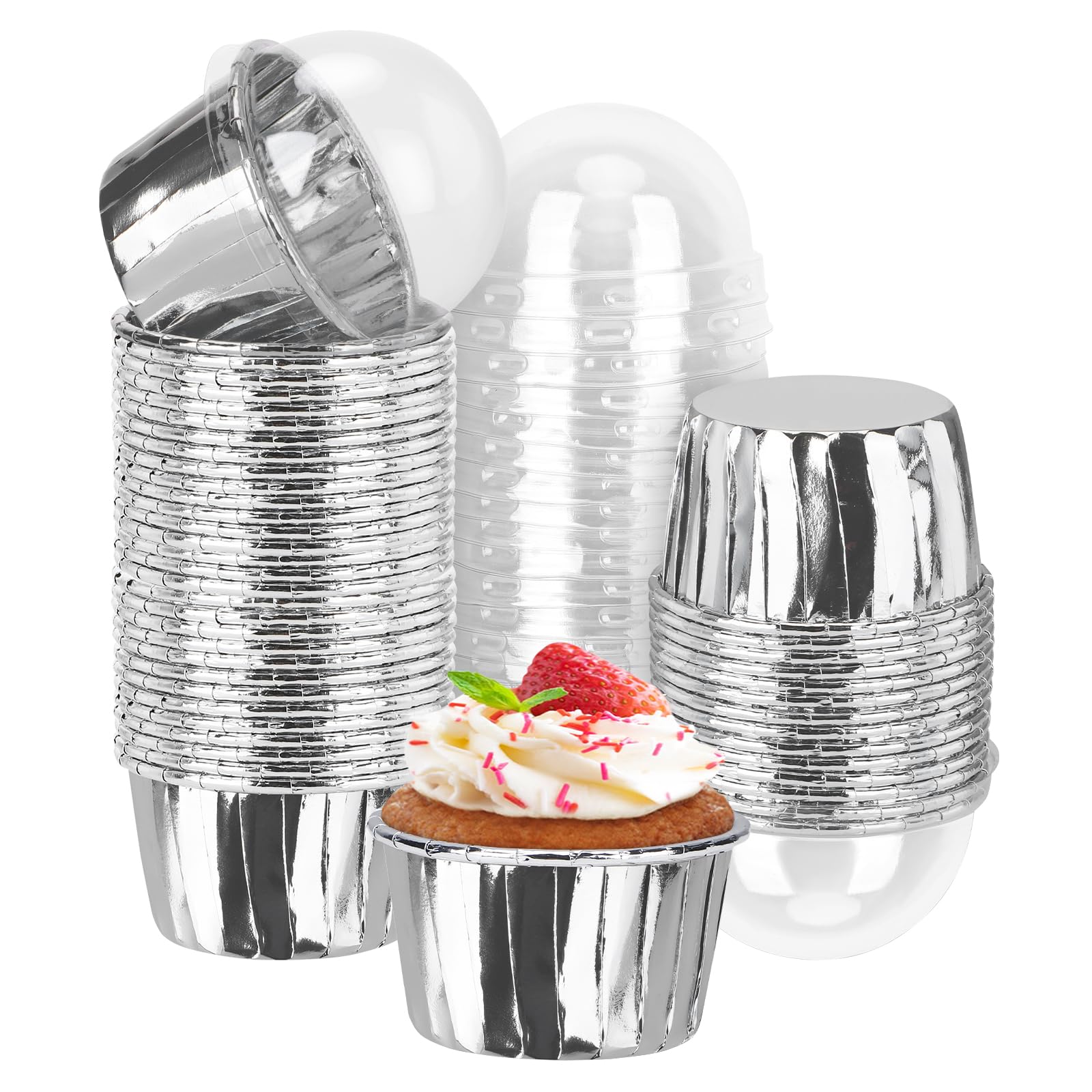 Forros para magdalenas de aluminio EUSOAR con tapas, moldes desechables de 3.5 oz para bodas, 50 u