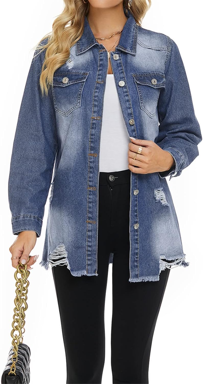 SCOFEEL Women Denim Shirt Jacket Long Sleeve Button Shacket Coat Distressed Washed Ripped Frayed Hem Jean Jacket - Image 2