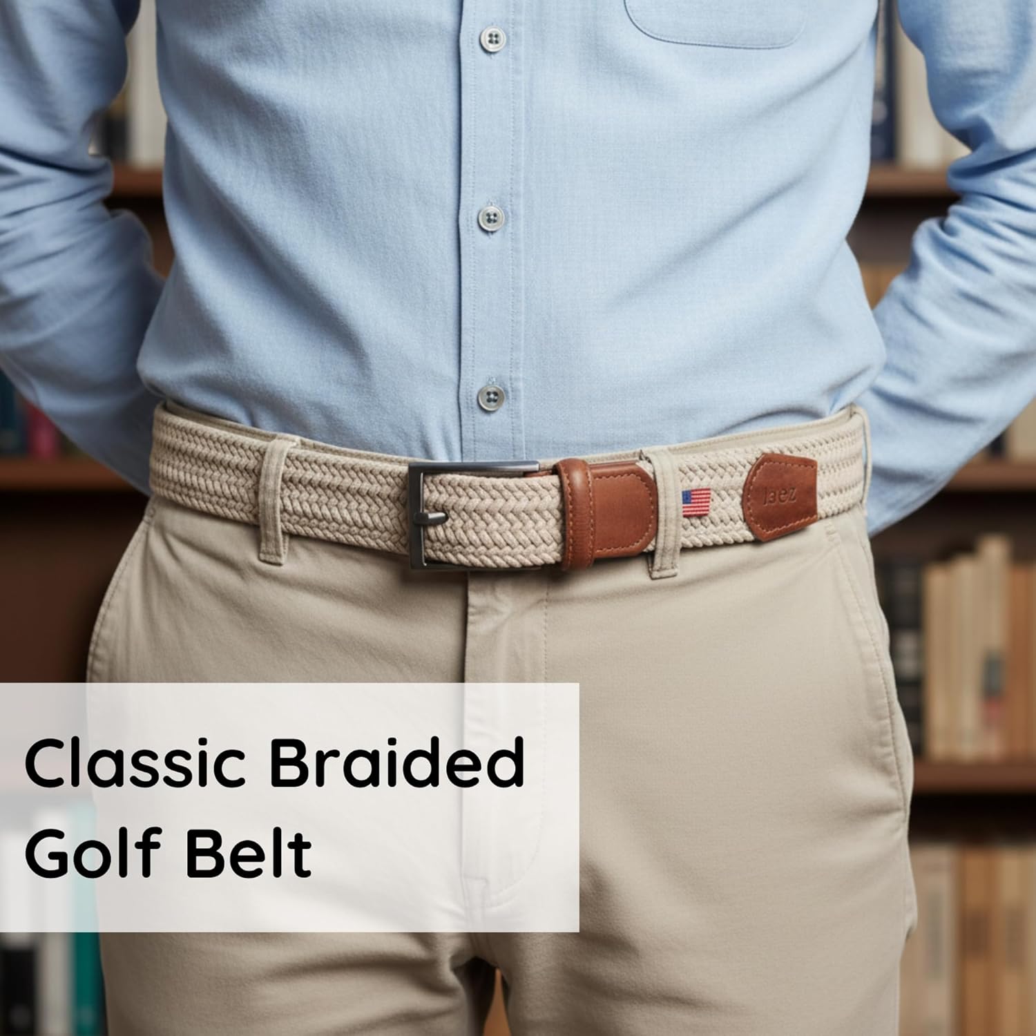 Golf Belts for Men - Classic Braided Belt for Jeans, Pants and Slacks, Gifts for Him (Khaki)