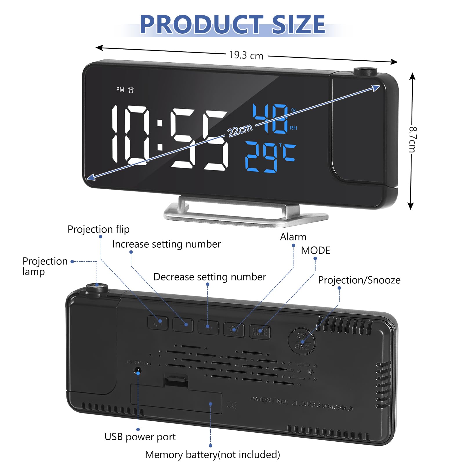 Cuteefun Reloj Despertador Digital con Proyector, Pantalla LED de 8", Temperatura y Humedad, Snooze, 12/24H, Brillo Ajustable, Reloj Proyector Techo para Dormitorio, Números de Azul