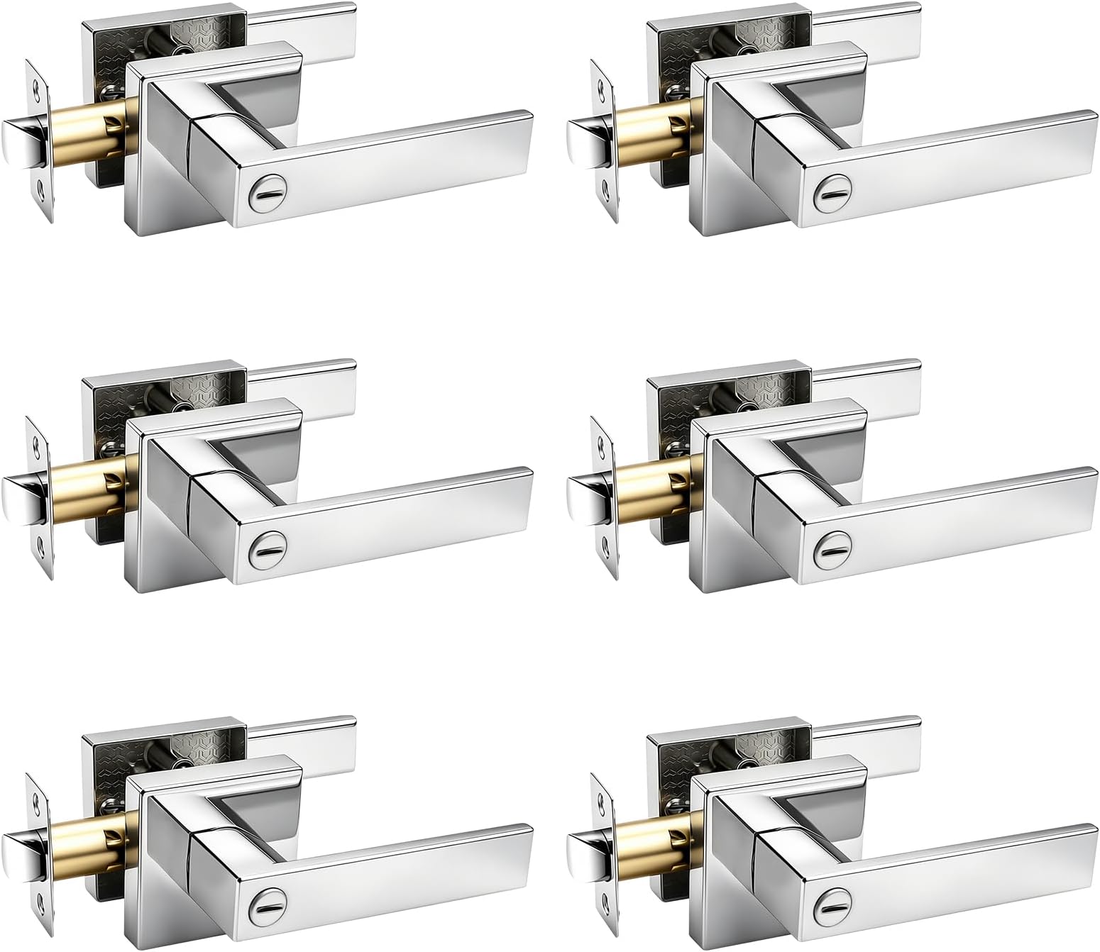 6 Pack Privacy Levers in Polished Chrome/Square Bed Bath Door Handles/Interior Door Locksets