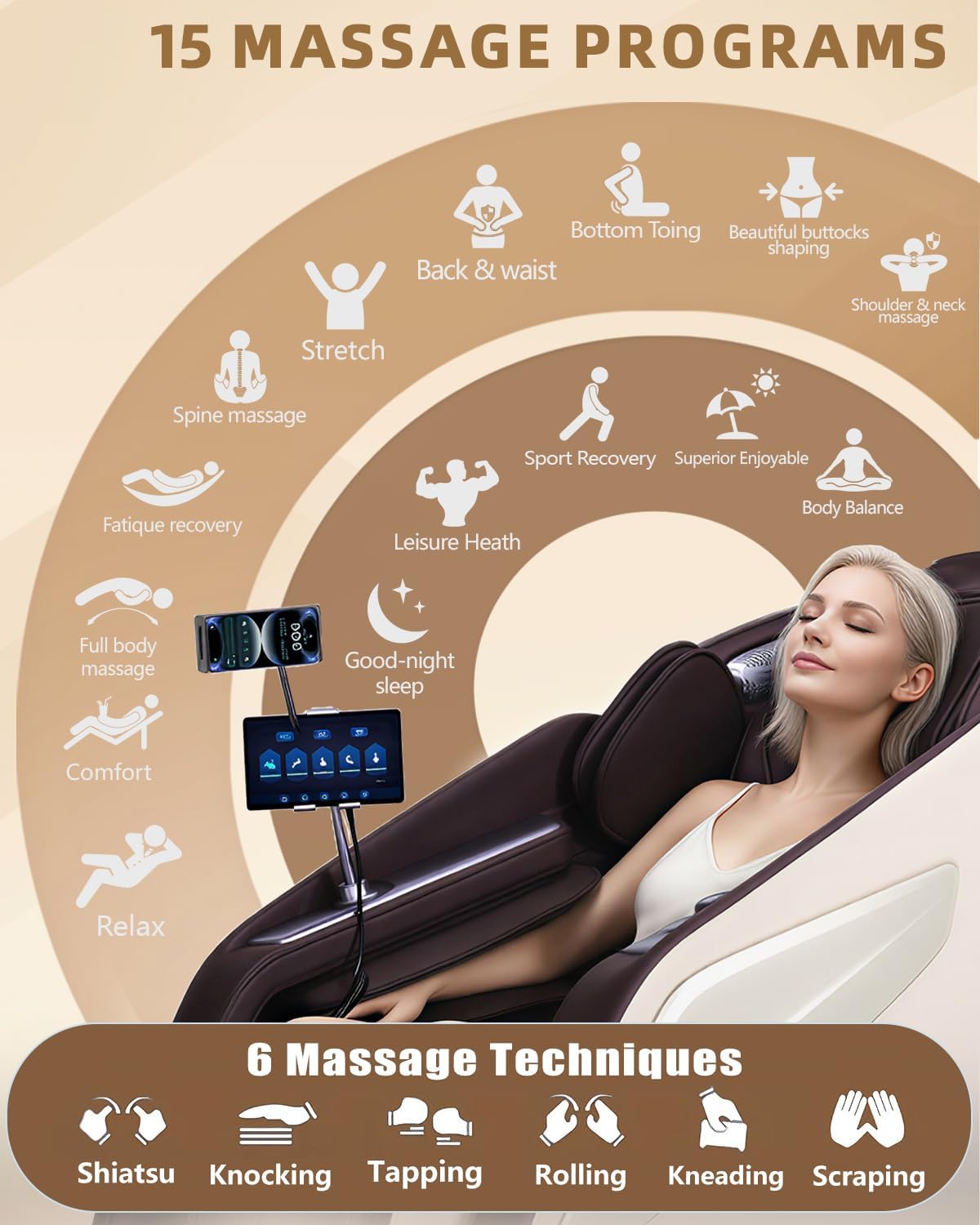 Full Body Zero Gravity Massage Chair with Body Scan 4D Intelligent Shiatsu Strecth Massage, Back/Leg Heated with AI Voice Control Bluetooth Speaker Airbags SL Track Massage Coffee - Image 3