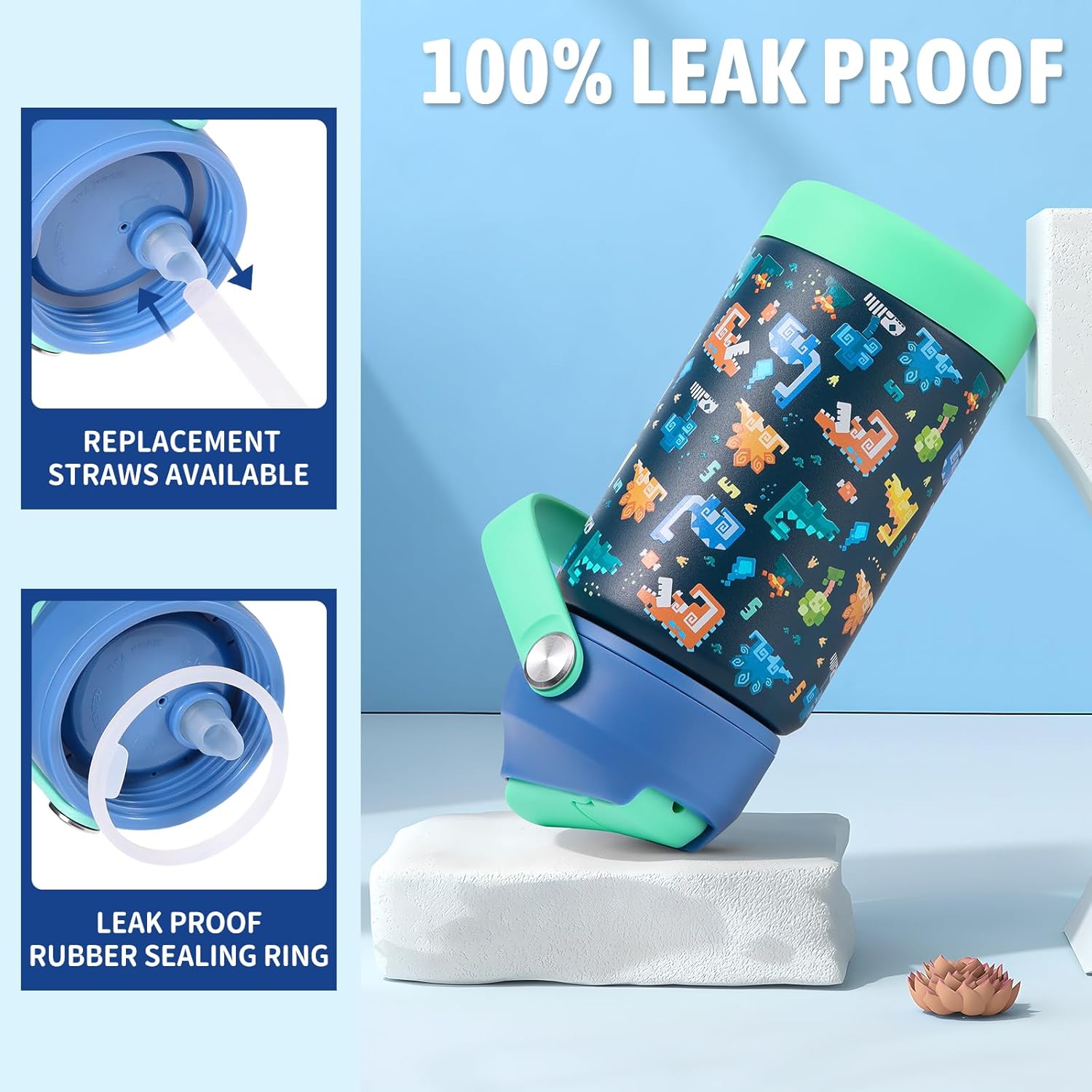 rockpapa 14 oz Kids Insulated Water Bottle，Stainless Steel Toddler Cups with Straws, BPA Free, Leak-Proof, Kids Water Bottle for School Boys& Girls (Blue Dinosaur) - Image 4