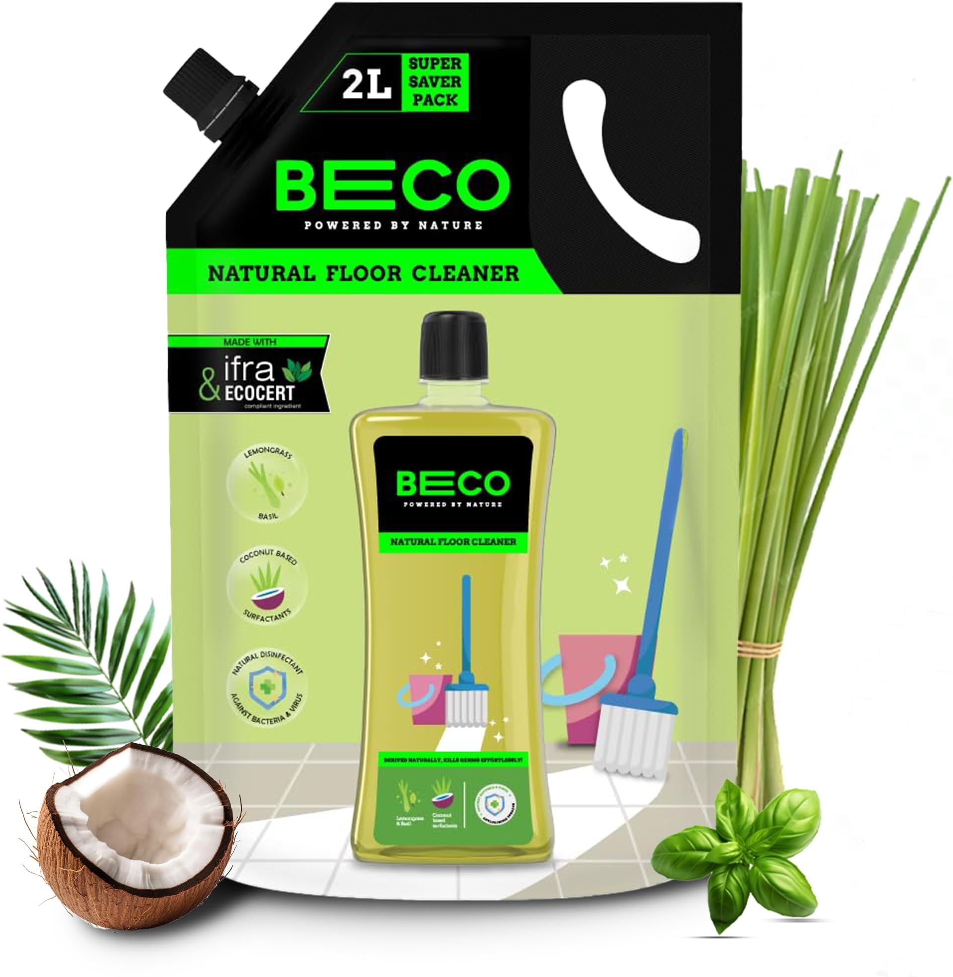 - Natural Disinfectant Surface & Floor Cleaning Liquid | 2L Refill Pack | Non Toxic Germ Kill Formula | Lemongrass & Basil Freshness |Safer than Phenyl| Kids Safe, Pet Friendly Floor Cleaner Liquid